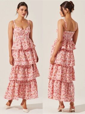 ASTR The Label Midsummer Eyelet Tiered Floral Maxi Dress Pink